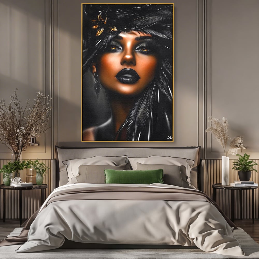 Tablou Canvas Premium, LuxCanva® G1183, Diamantul Negru, Lux, Intunecat, Pene, Negru, Machiaj, Dramatic, Buze, Aur, Arta, Rafinament, Atmosfera, Cinematic, Birou, Living, Dormitor