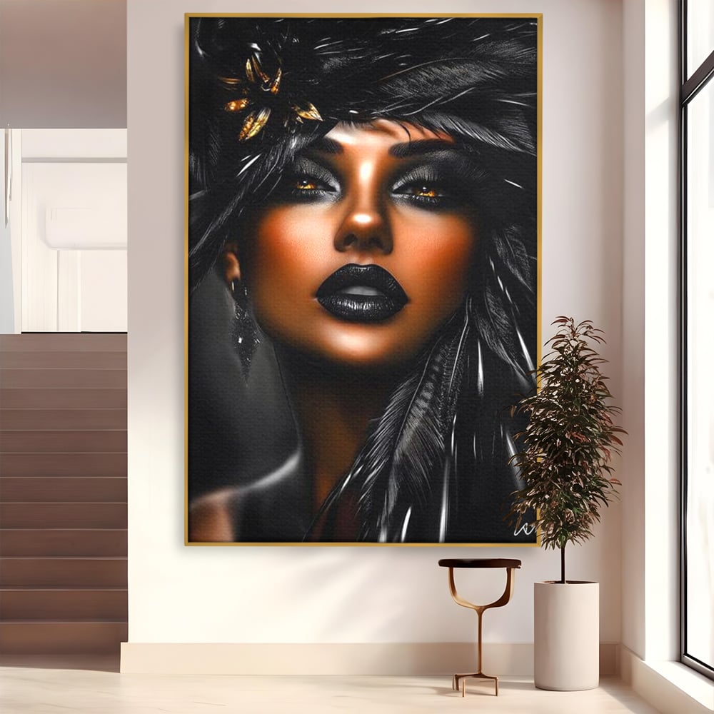 Tablou Canvas Premium, LuxCanva® G1183, Diamantul Negru, Lux, Intunecat, Pene, Negru, Machiaj, Dramatic, Buze, Aur, Arta, Rafinament, Atmosfera, Cinematic, Birou, Living, Dormitor