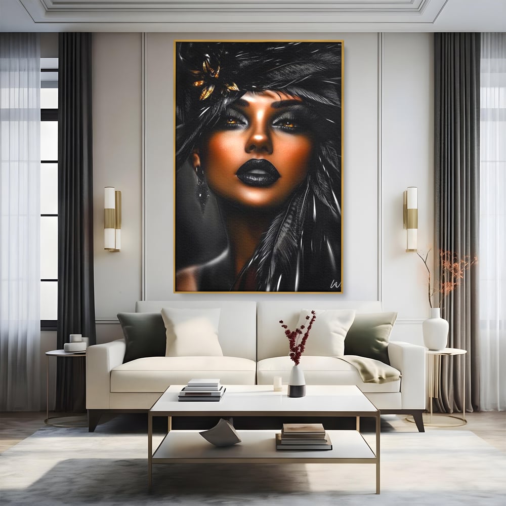 Tablou Canvas Premium, LuxCanva® G1183, Diamantul Negru, Lux, Intunecat, Pene, Negru, Machiaj, Dramatic, Buze, Aur, Arta, Rafinament, Atmosfera, Cinematic, Birou, Living, Dormitor