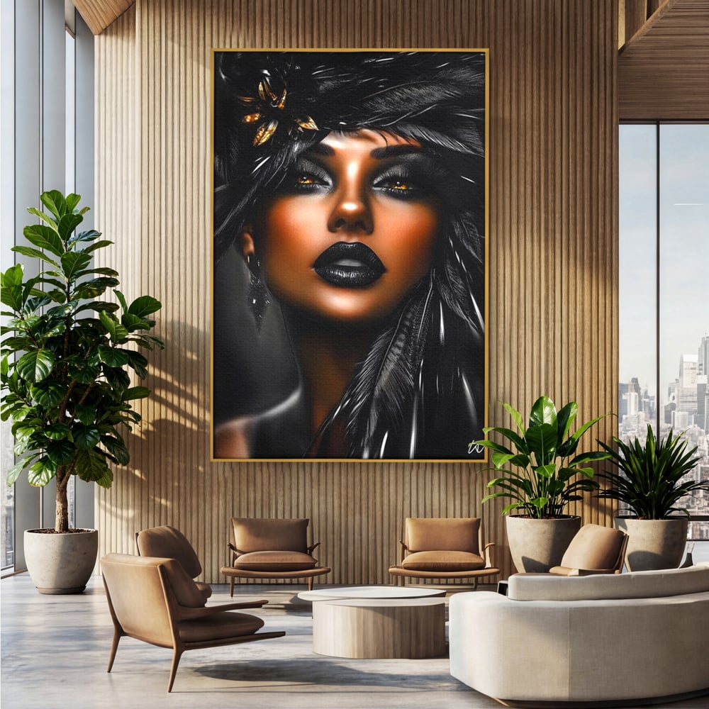Tablou Canvas Premium, LuxCanva® G1183, Diamantul Negru, Lux, Intunecat, Pene, Negru, Machiaj, Dramatic, Buze, Aur, Arta, Rafinament, Atmosfera, Cinematic, Birou, Living, Dormitor