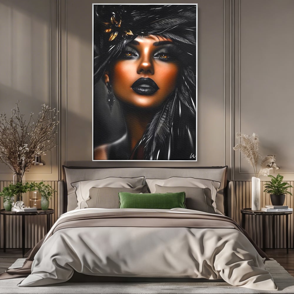 Tablou Canvas Premium, LuxCanva® G1183, Diamantul Negru, Lux, Intunecat, Pene, Negru, Machiaj, Dramatic, Buze, Aur, Arta, Rafinament, Atmosfera, Cinematic, Birou, Living, Dormitor