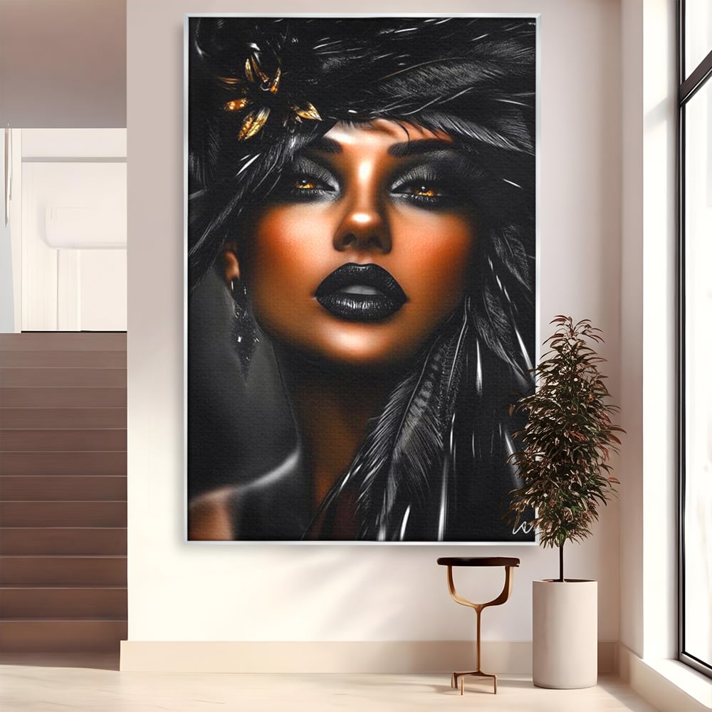 Tablou Canvas Premium, LuxCanva® G1183, Diamantul Negru, Lux, Intunecat, Pene, Negru, Machiaj, Dramatic, Buze, Aur, Arta, Rafinament, Atmosfera, Cinematic, Birou, Living, Dormitor