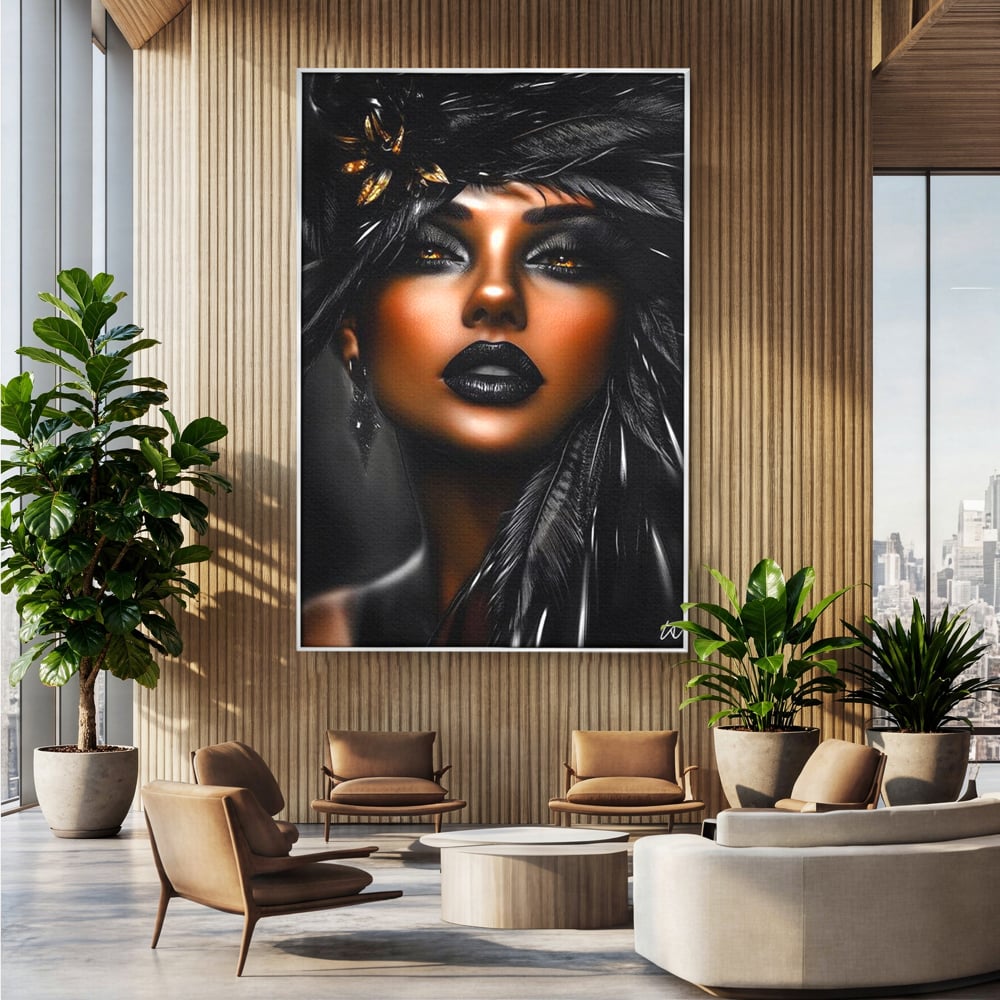 Tablou Canvas Premium, LuxCanva® G1183, Diamantul Negru, Lux, Intunecat, Pene, Negru, Machiaj, Dramatic, Buze, Aur, Arta, Rafinament, Atmosfera, Cinematic, Birou, Living, Dormitor