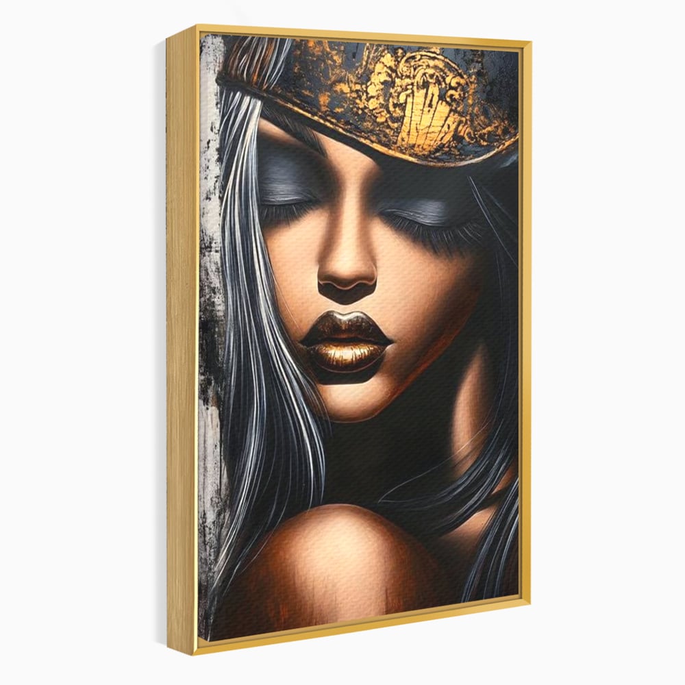 Tablou Canvas Premium, LuxCanva® G1184, Linistea Reginei, Imperial, Tacere, Aur, Meditatie, Regat, Coroana, Sclipire, Buze, Mister, Estetica, Opulenta, Lux, Birou, Living, Dormitor