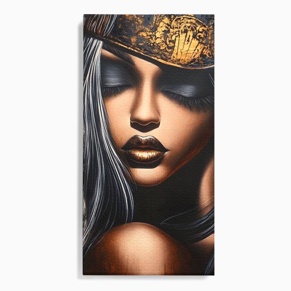 Tablou Canvas Premium, LuxCanva® G1184, Linistea Reginei, Imperial, Tacere, Aur, Meditatie, Regat, Coroana, Sclipire, Buze, Mister, Estetica, Opulenta, Lux, Birou, Living, Dormitor
