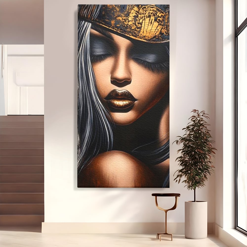 Tablou Canvas Premium, LuxCanva® G1184, Linistea Reginei, Imperial, Tacere, Aur, Meditatie, Regat, Coroana, Sclipire, Buze, Mister, Estetica, Opulenta, Lux, Birou, Living, Dormitor