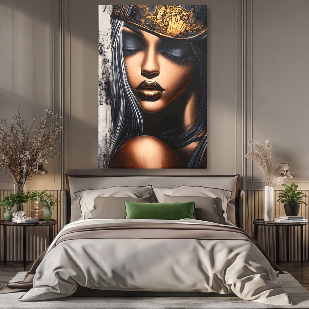 Tablou Canvas Premium, LuxCanva® G1184, Linistea Reginei, Imperial, Tacere, Aur, Meditatie, Regat, Coroana, Sclipire, Buze, Mister, Estetica, Opulenta, Lux, Birou, Living, Dormitor