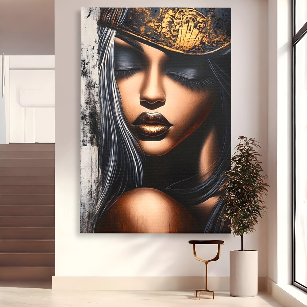 Tablou Canvas Premium, LuxCanva® G1184, Linistea Reginei, Imperial, Tacere, Aur, Meditatie, Regat, Coroana, Sclipire, Buze, Mister, Estetica, Opulenta, Lux, Birou, Living, Dormitor