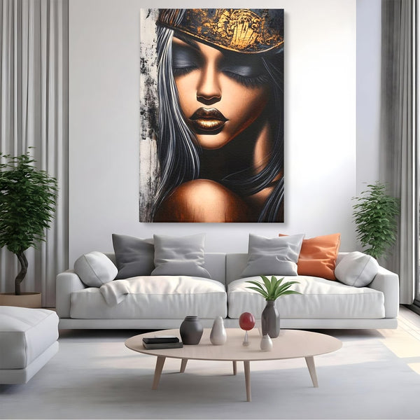 Tablou Canvas Premium, LuxCanva® G1184, Linistea Reginei, Imperial, Tacere, Aur, Meditatie, Regat, Coroana, Sclipire, Buze, Mister, Estetica, Opulenta, Lux, Birou, Living, Dormitor