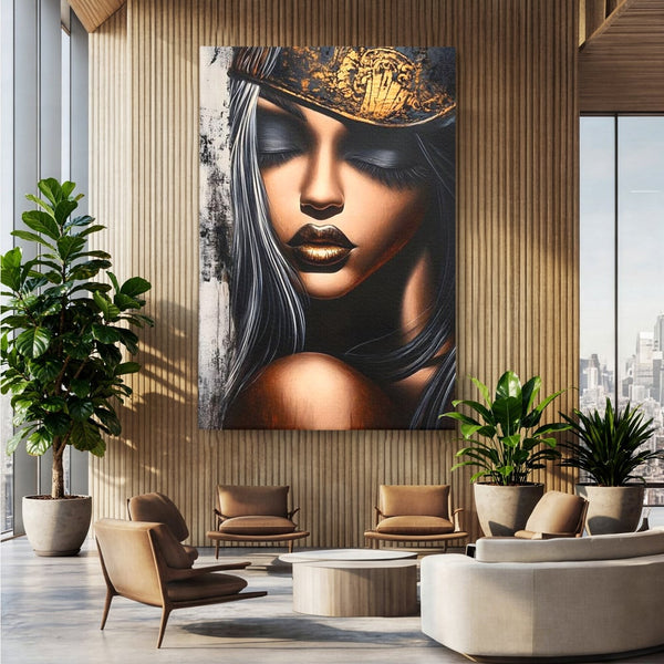 Tablou Canvas Premium, LuxCanva® G1184, Linistea Reginei, Imperial, Tacere, Aur, Meditatie, Regat, Coroana, Sclipire, Buze, Mister, Estetica, Opulenta, Lux, Birou, Living, Dormitor