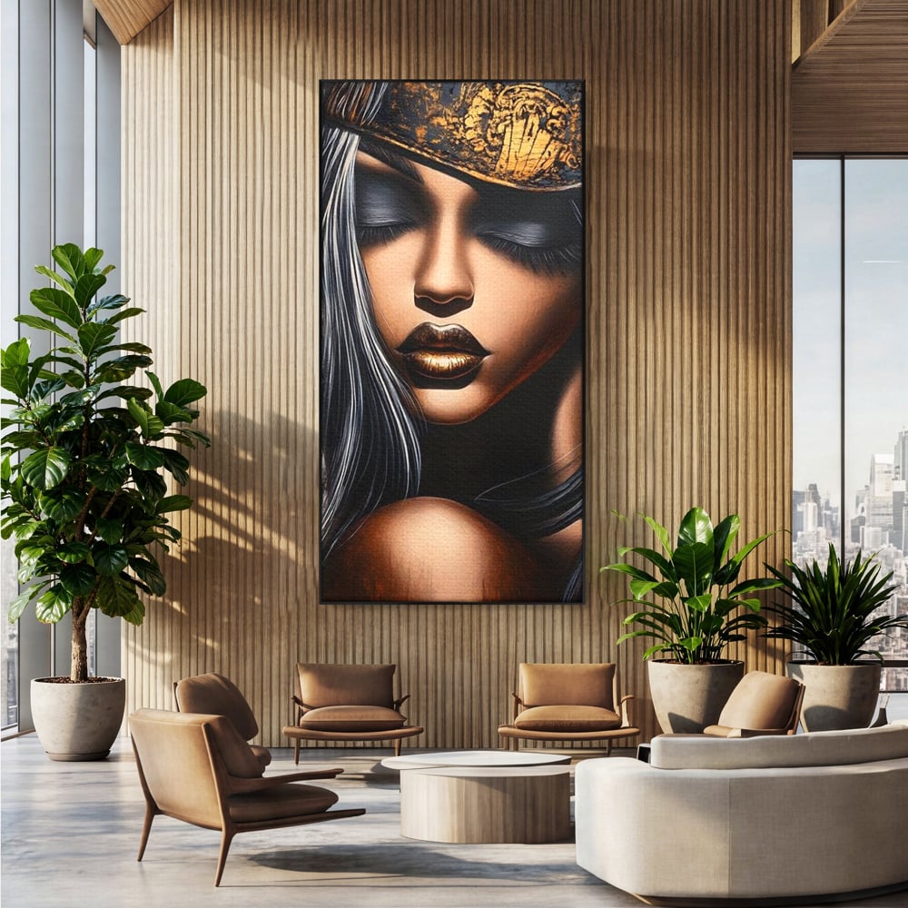 Tablou Canvas Premium, LuxCanva® G1184, Linistea Reginei, Imperial, Tacere, Aur, Meditatie, Regat, Coroana, Sclipire, Buze, Mister, Estetica, Opulenta, Lux, Birou, Living, Dormitor