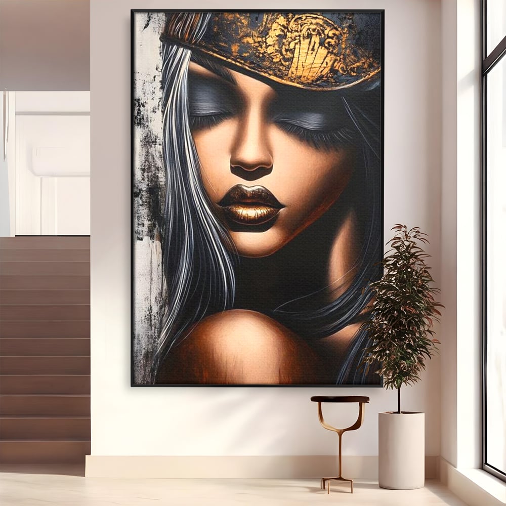 Tablou Canvas Premium, LuxCanva® G1184, Linistea Reginei, Imperial, Tacere, Aur, Meditatie, Regat, Coroana, Sclipire, Buze, Mister, Estetica, Opulenta, Lux, Birou, Living, Dormitor