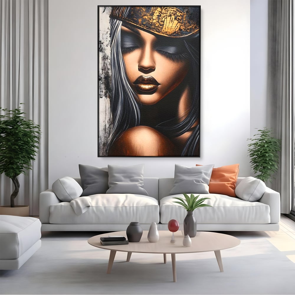 Tablou Canvas Premium, LuxCanva® G1184, Linistea Reginei, Imperial, Tacere, Aur, Meditatie, Regat, Coroana, Sclipire, Buze, Mister, Estetica, Opulenta, Lux, Birou, Living, Dormitor