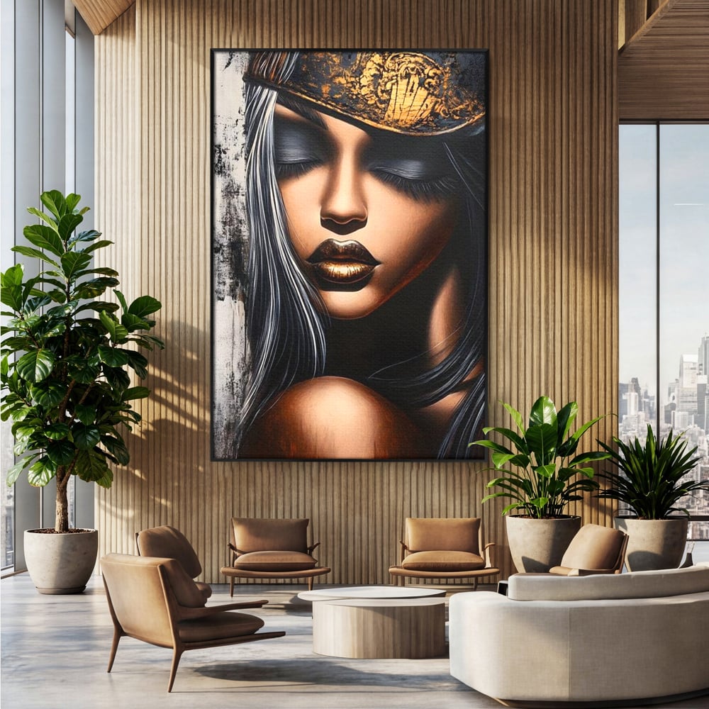 Tablou Canvas Premium, LuxCanva® G1184, Linistea Reginei, Imperial, Tacere, Aur, Meditatie, Regat, Coroana, Sclipire, Buze, Mister, Estetica, Opulenta, Lux, Birou, Living, Dormitor