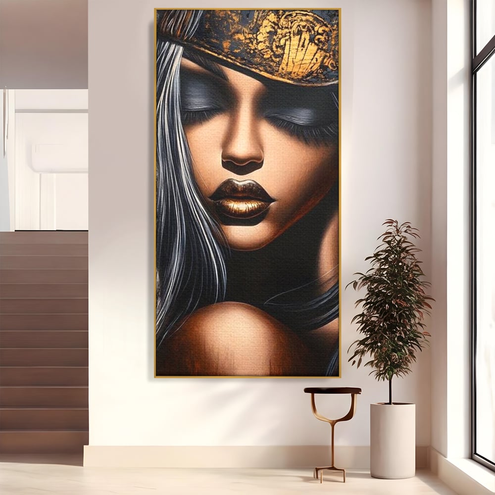 Tablou Canvas Premium, LuxCanva® G1184, Linistea Reginei, Imperial, Tacere, Aur, Meditatie, Regat, Coroana, Sclipire, Buze, Mister, Estetica, Opulenta, Lux, Birou, Living, Dormitor