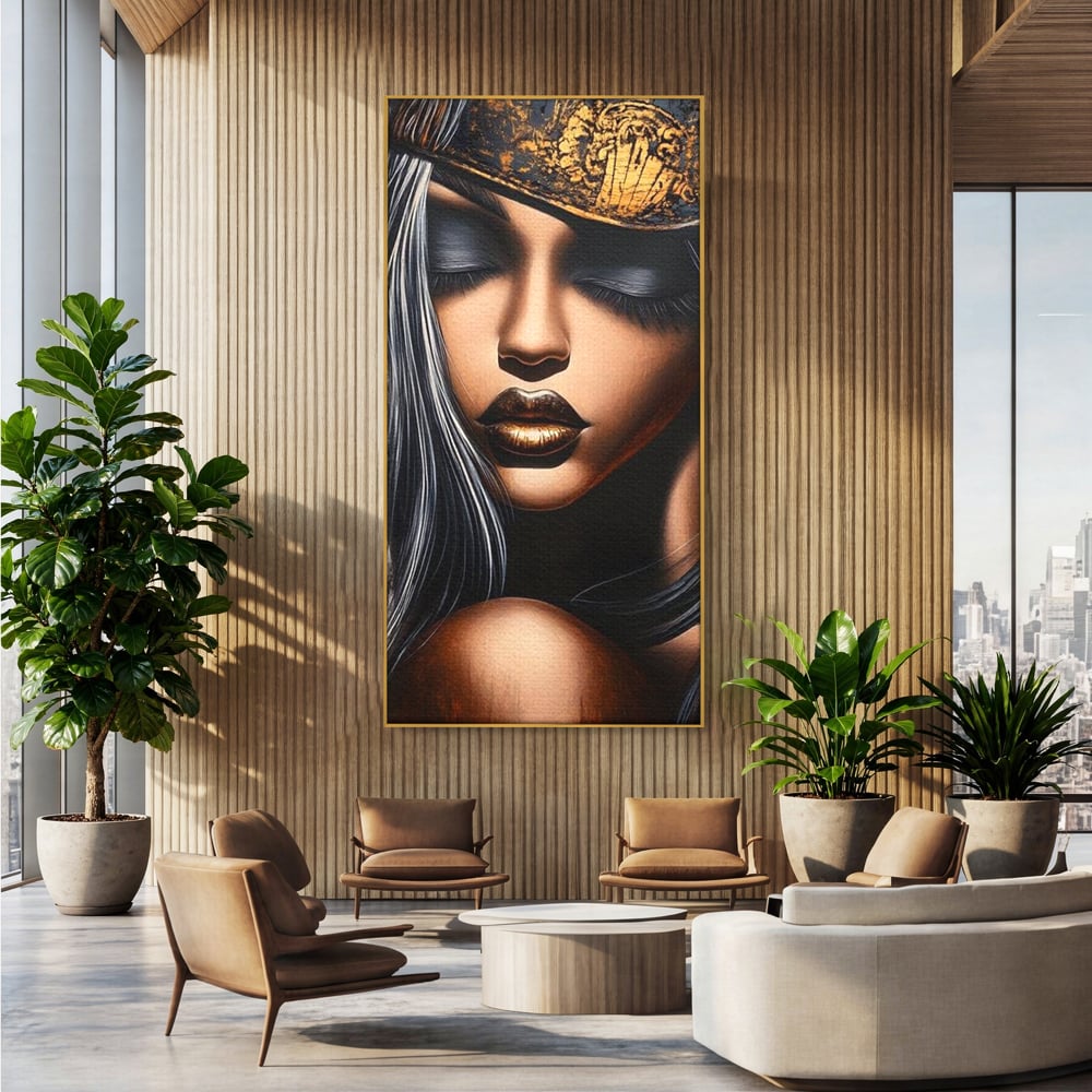 Tablou Canvas Premium, LuxCanva® G1184, Linistea Reginei, Imperial, Tacere, Aur, Meditatie, Regat, Coroana, Sclipire, Buze, Mister, Estetica, Opulenta, Lux, Birou, Living, Dormitor