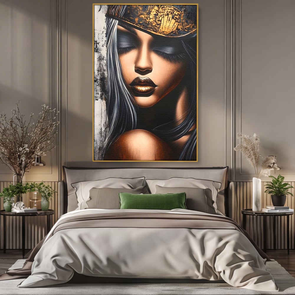 Tablou Canvas Premium, LuxCanva® G1184, Linistea Reginei, Imperial, Tacere, Aur, Meditatie, Regat, Coroana, Sclipire, Buze, Mister, Estetica, Opulenta, Lux, Birou, Living, Dormitor