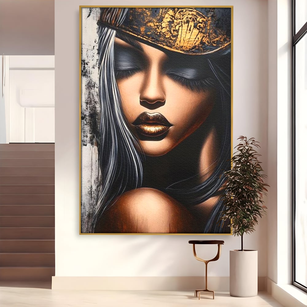 Tablou Canvas Premium, LuxCanva® G1184, Linistea Reginei, Imperial, Tacere, Aur, Meditatie, Regat, Coroana, Sclipire, Buze, Mister, Estetica, Opulenta, Lux, Birou, Living, Dormitor