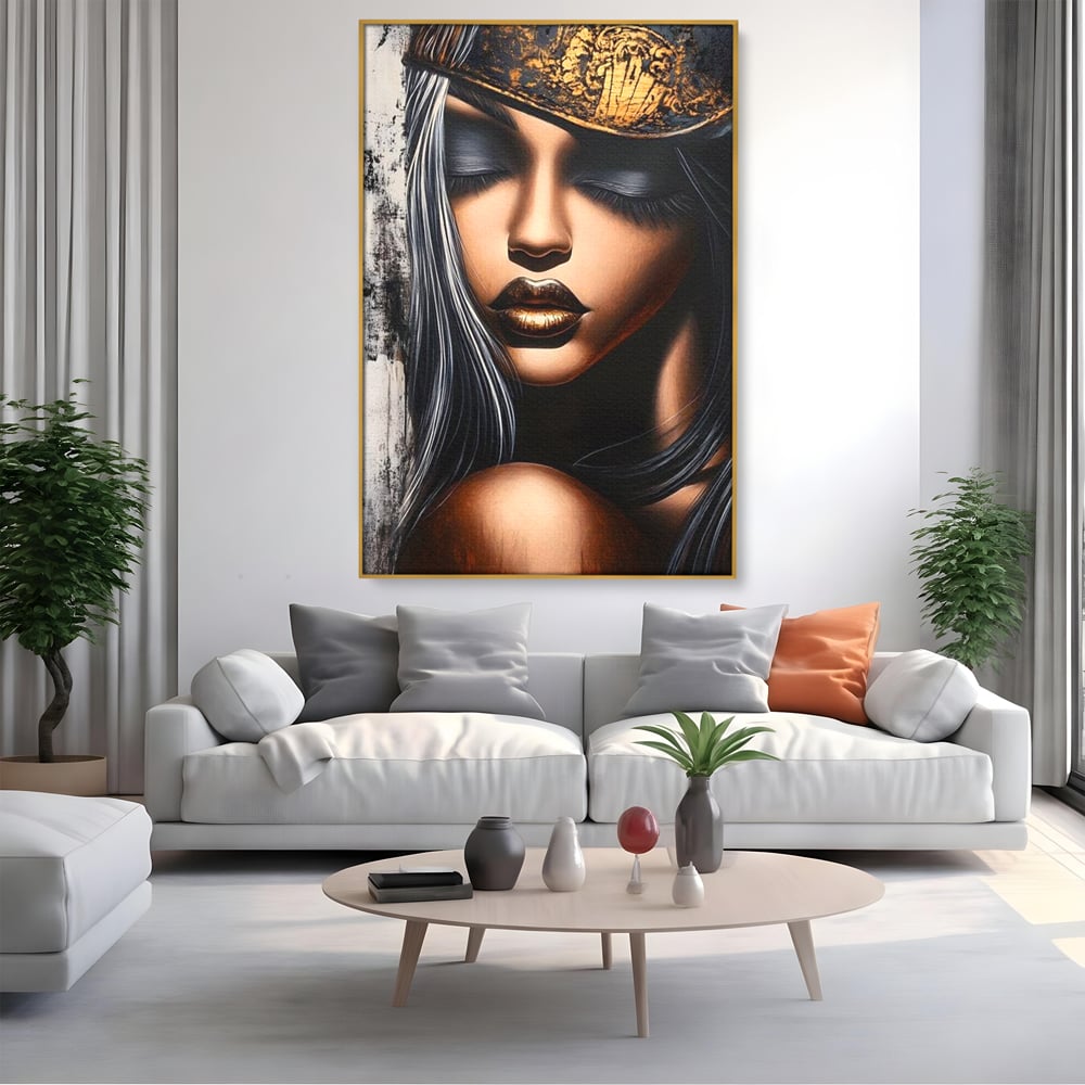 Tablou Canvas Premium, LuxCanva® G1184, Linistea Reginei, Imperial, Tacere, Aur, Meditatie, Regat, Coroana, Sclipire, Buze, Mister, Estetica, Opulenta, Lux, Birou, Living, Dormitor