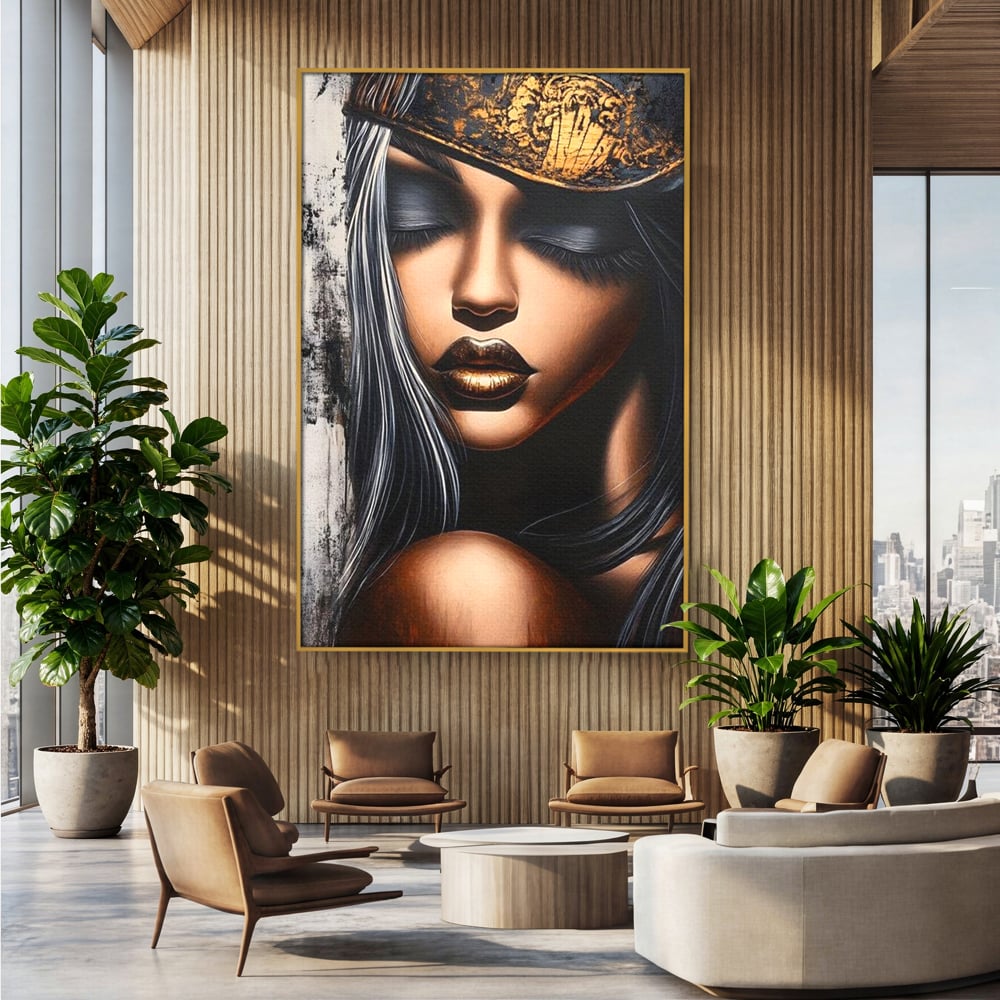 Tablou Canvas Premium, LuxCanva® G1184, Linistea Reginei, Imperial, Tacere, Aur, Meditatie, Regat, Coroana, Sclipire, Buze, Mister, Estetica, Opulenta, Lux, Birou, Living, Dormitor
