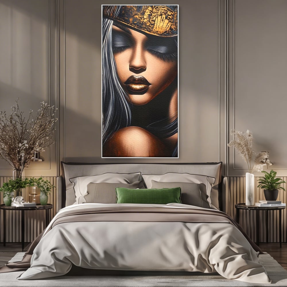 Tablou Canvas Premium, LuxCanva® G1184, Linistea Reginei, Imperial, Tacere, Aur, Meditatie, Regat, Coroana, Sclipire, Buze, Mister, Estetica, Opulenta, Lux, Birou, Living, Dormitor