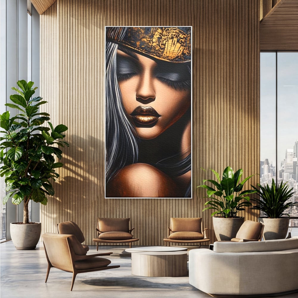 Tablou Canvas Premium, LuxCanva® G1184, Linistea Reginei, Imperial, Tacere, Aur, Meditatie, Regat, Coroana, Sclipire, Buze, Mister, Estetica, Opulenta, Lux, Birou, Living, Dormitor