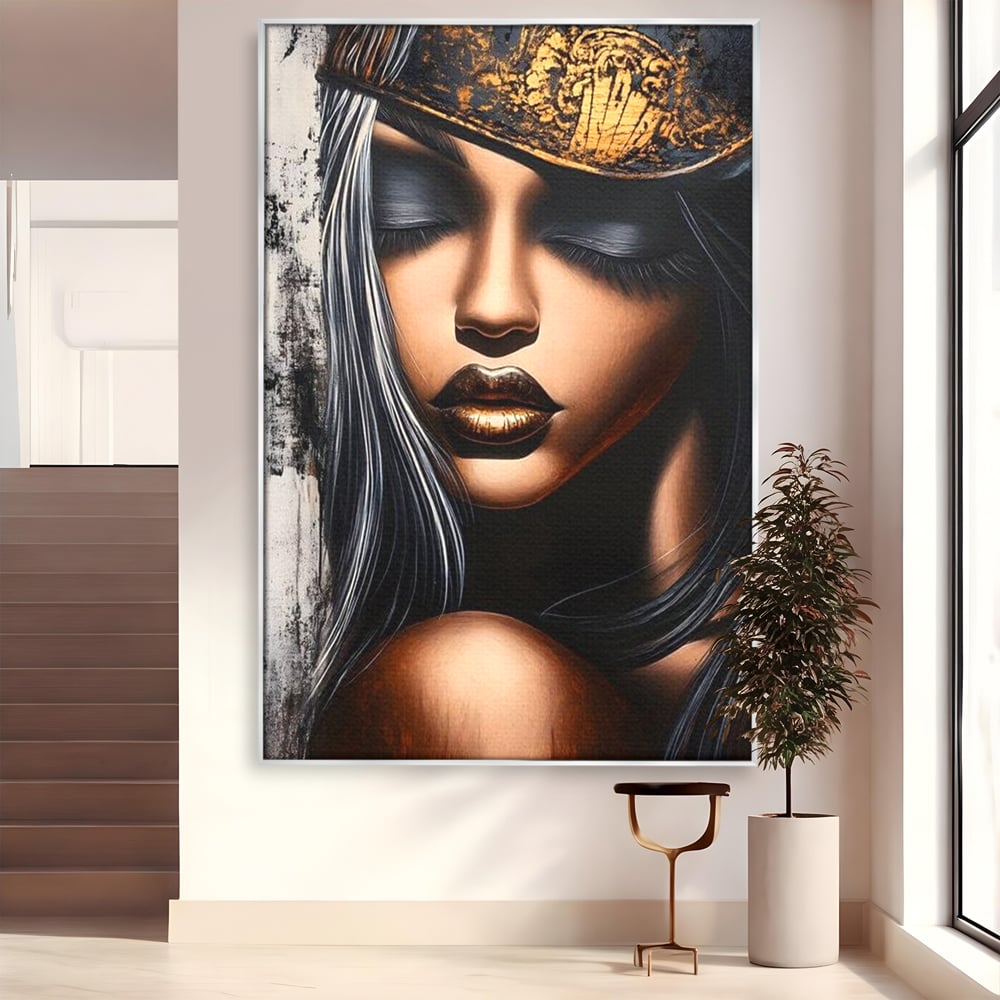 Tablou Canvas Premium, LuxCanva® G1184, Linistea Reginei, Imperial, Tacere, Aur, Meditatie, Regat, Coroana, Sclipire, Buze, Mister, Estetica, Opulenta, Lux, Birou, Living, Dormitor