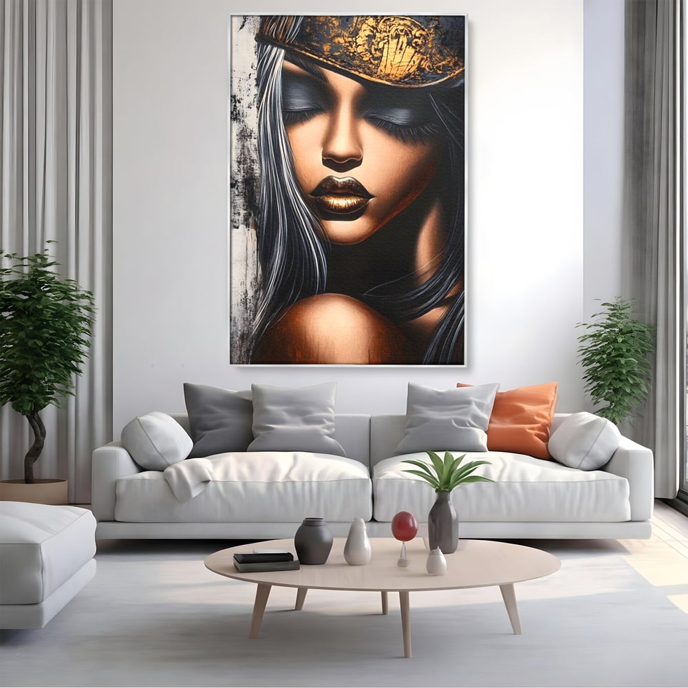 Tablou Canvas Premium, LuxCanva® G1184, Linistea Reginei, Imperial, Tacere, Aur, Meditatie, Regat, Coroana, Sclipire, Buze, Mister, Estetica, Opulenta, Lux, Birou, Living, Dormitor