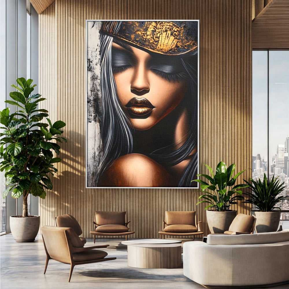 Tablou Canvas Premium, LuxCanva® G1184, Linistea Reginei, Imperial, Tacere, Aur, Meditatie, Regat, Coroana, Sclipire, Buze, Mister, Estetica, Opulenta, Lux, Birou, Living, Dormitor