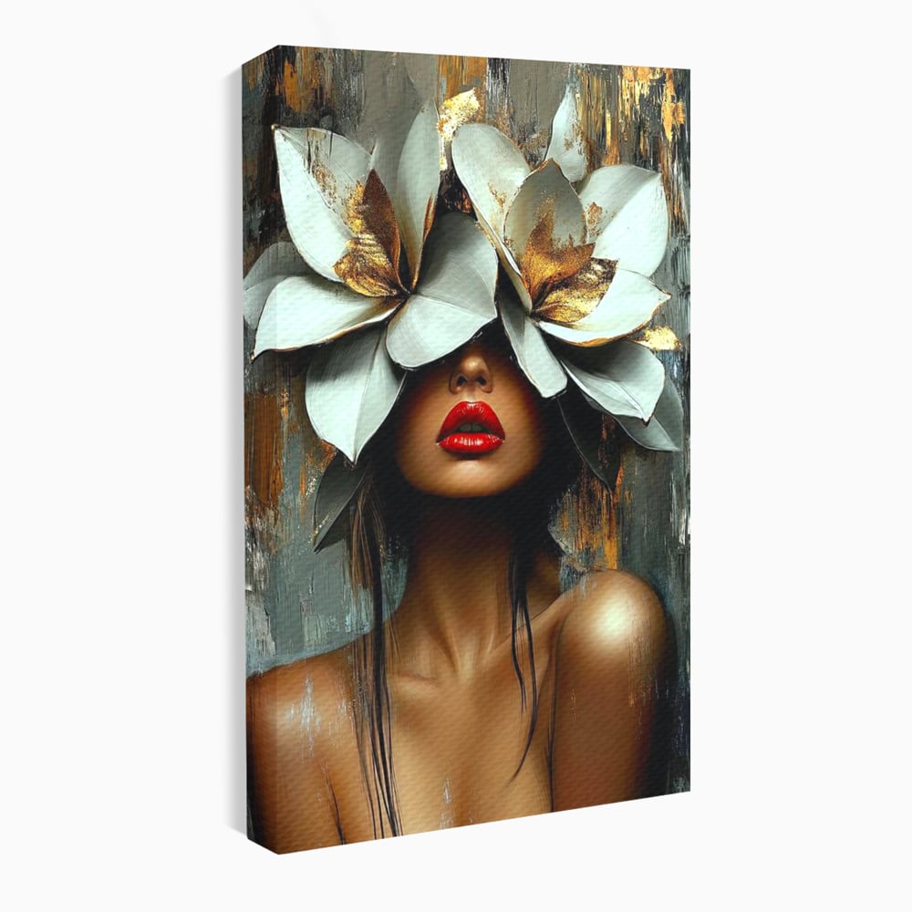 Tablou Canvas Premium, LuxCanva® G1186, Sub Corola Visului, Auriu, Rosu, Feminitate, Gratie, Mister, Floral, Senzualitate, Exotic, Petale, Oniric, Renastere, Vis, Birou, Living, Dormitor
