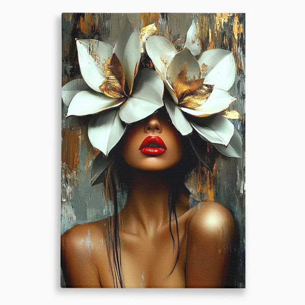 Tablou Canvas Premium, LuxCanva® G1186, Sub Corola Visului, Auriu, Rosu, Feminitate, Gratie, Mister, Floral, Senzualitate, Exotic, Petale, Oniric, Renastere, Vis, Birou, Living, Dormitor