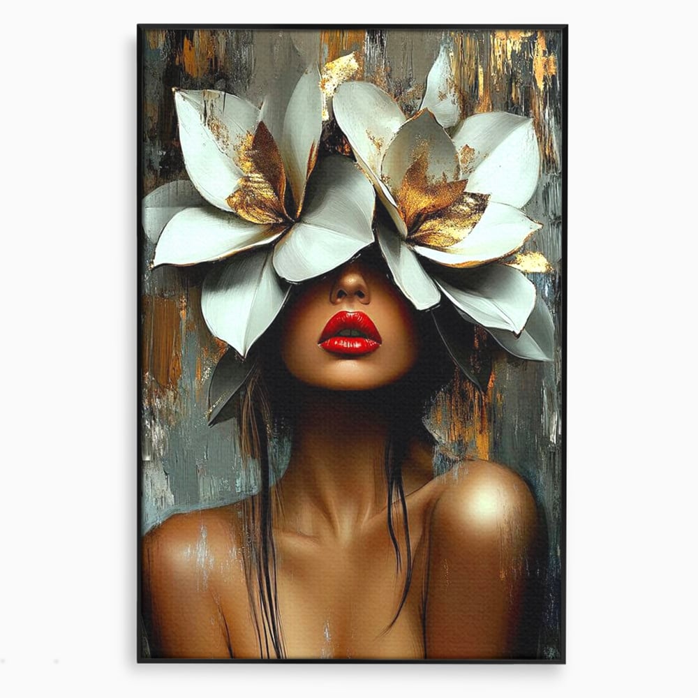 Tablou Canvas Premium, LuxCanva® G1186, Sub Corola Visului, Auriu, Rosu, Feminitate, Gratie, Mister, Floral, Senzualitate, Exotic, Petale, Oniric, Renastere, Vis, Birou, Living, Dormitor