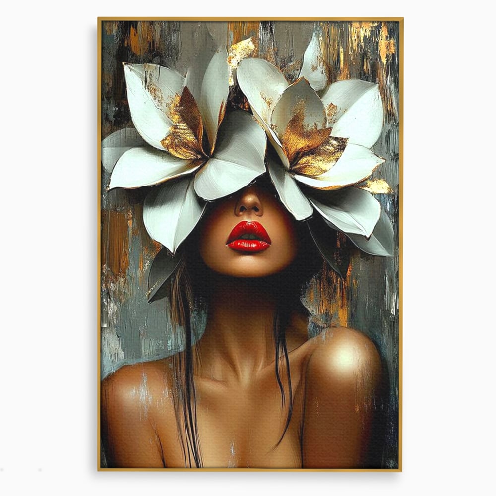 Tablou Canvas Premium, LuxCanva® G1186, Sub Corola Visului, Auriu, Rosu, Feminitate, Gratie, Mister, Floral, Senzualitate, Exotic, Petale, Oniric, Renastere, Vis, Birou, Living, Dormitor