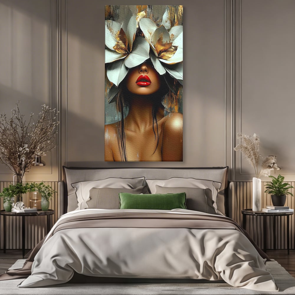 Tablou Canvas Premium, LuxCanva® G1186, Sub Corola Visului, Auriu, Rosu, Feminitate, Gratie, Mister, Floral, Senzualitate, Exotic, Petale, Oniric, Renastere, Vis, Birou, Living, Dormitor