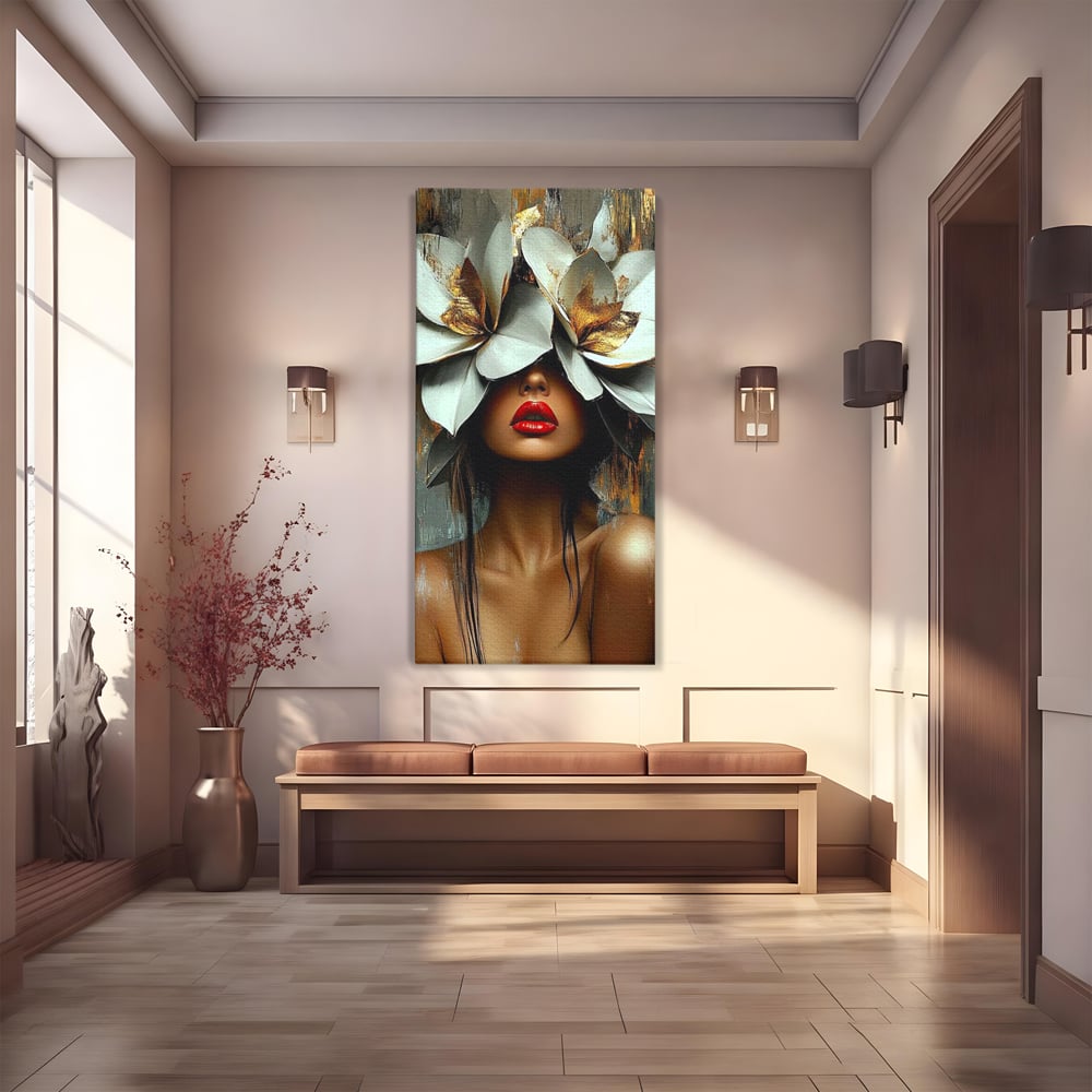 Tablou Canvas Premium, LuxCanva® G1186, Sub Corola Visului, Auriu, Rosu, Feminitate, Gratie, Mister, Floral, Senzualitate, Exotic, Petale, Oniric, Renastere, Vis, Birou, Living, Dormitor