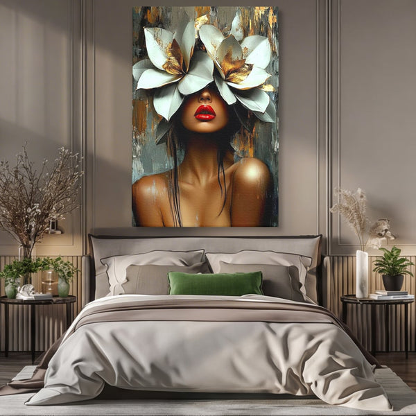 Tablou Canvas Premium, LuxCanva® G1186, Sub Corola Visului, Auriu, Rosu, Feminitate, Gratie, Mister, Floral, Senzualitate, Exotic, Petale, Oniric, Renastere, Vis, Birou, Living, Dormitor