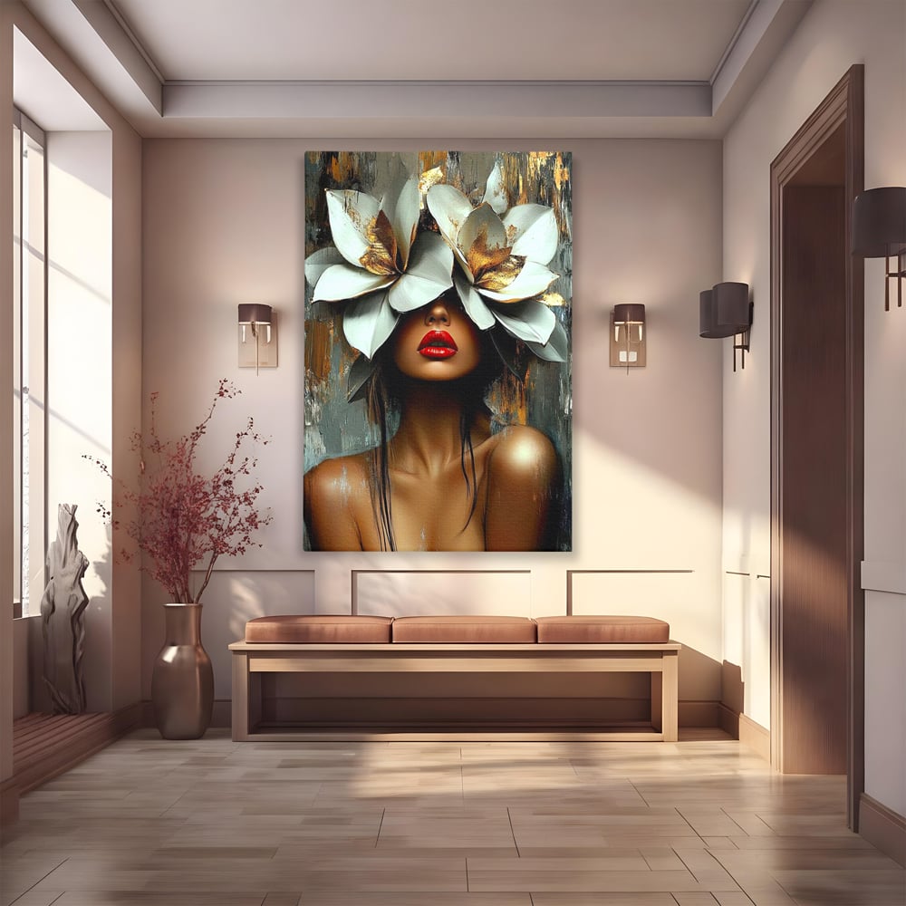 Tablou Canvas Premium, LuxCanva® G1186, Sub Corola Visului, Auriu, Rosu, Feminitate, Gratie, Mister, Floral, Senzualitate, Exotic, Petale, Oniric, Renastere, Vis, Birou, Living, Dormitor