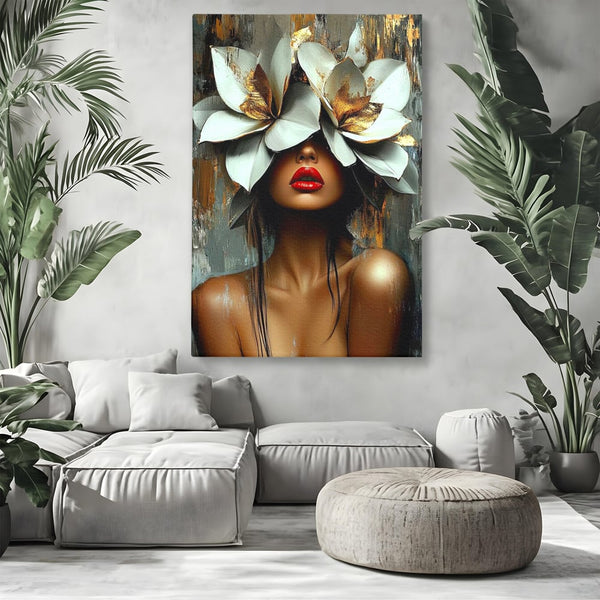 Tablou Canvas Premium, LuxCanva® G1186, Sub Corola Visului, Auriu, Rosu, Feminitate, Gratie, Mister, Floral, Senzualitate, Exotic, Petale, Oniric, Renastere, Vis, Birou, Living, Dormitor