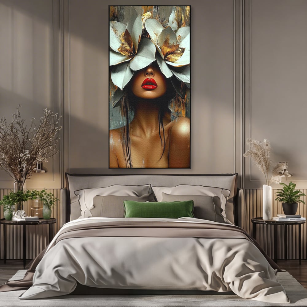 Tablou Canvas Premium, LuxCanva® G1186, Sub Corola Visului, Auriu, Rosu, Feminitate, Gratie, Mister, Floral, Senzualitate, Exotic, Petale, Oniric, Renastere, Vis, Birou, Living, Dormitor
