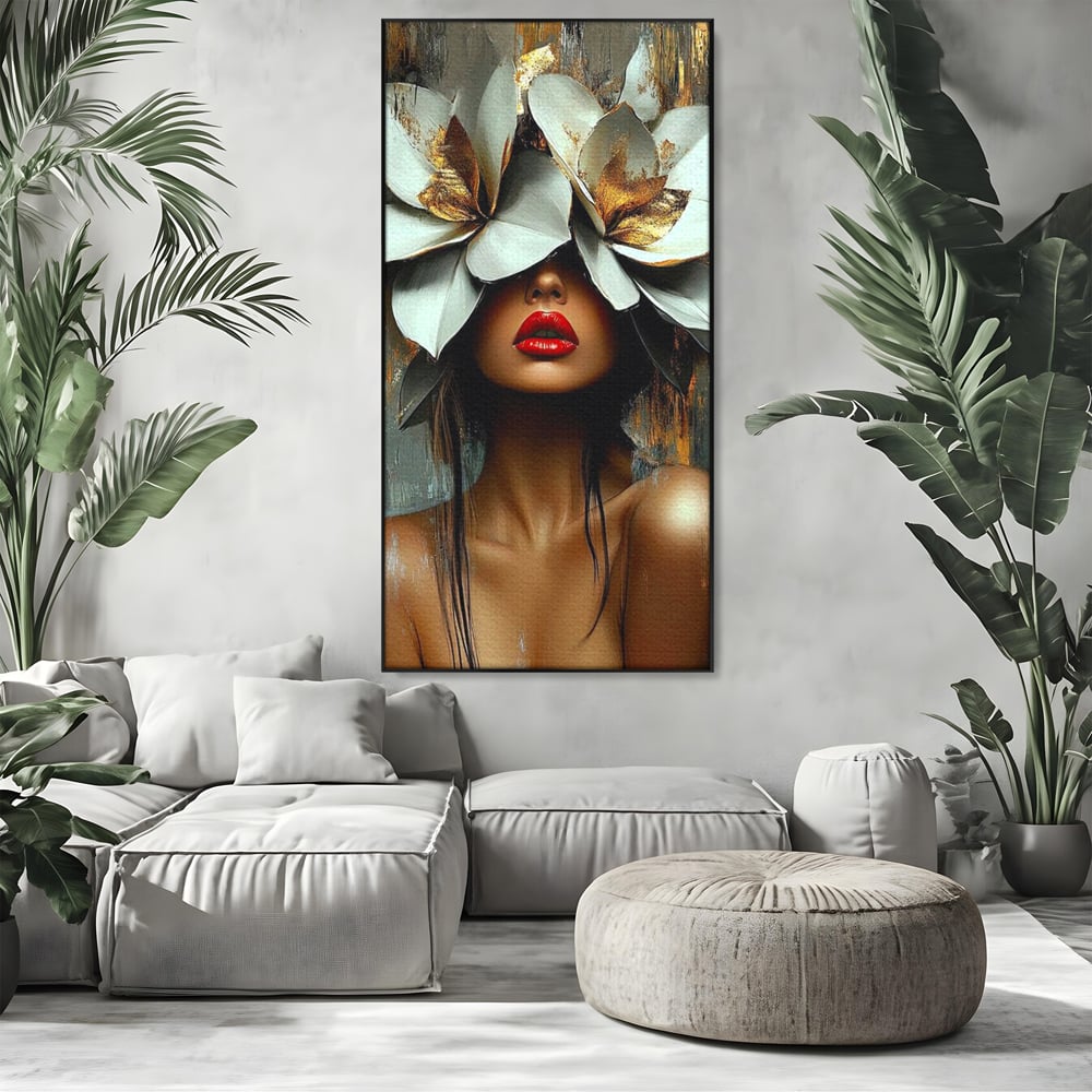 Tablou Canvas Premium, LuxCanva® G1186, Sub Corola Visului, Auriu, Rosu, Feminitate, Gratie, Mister, Floral, Senzualitate, Exotic, Petale, Oniric, Renastere, Vis, Birou, Living, Dormitor