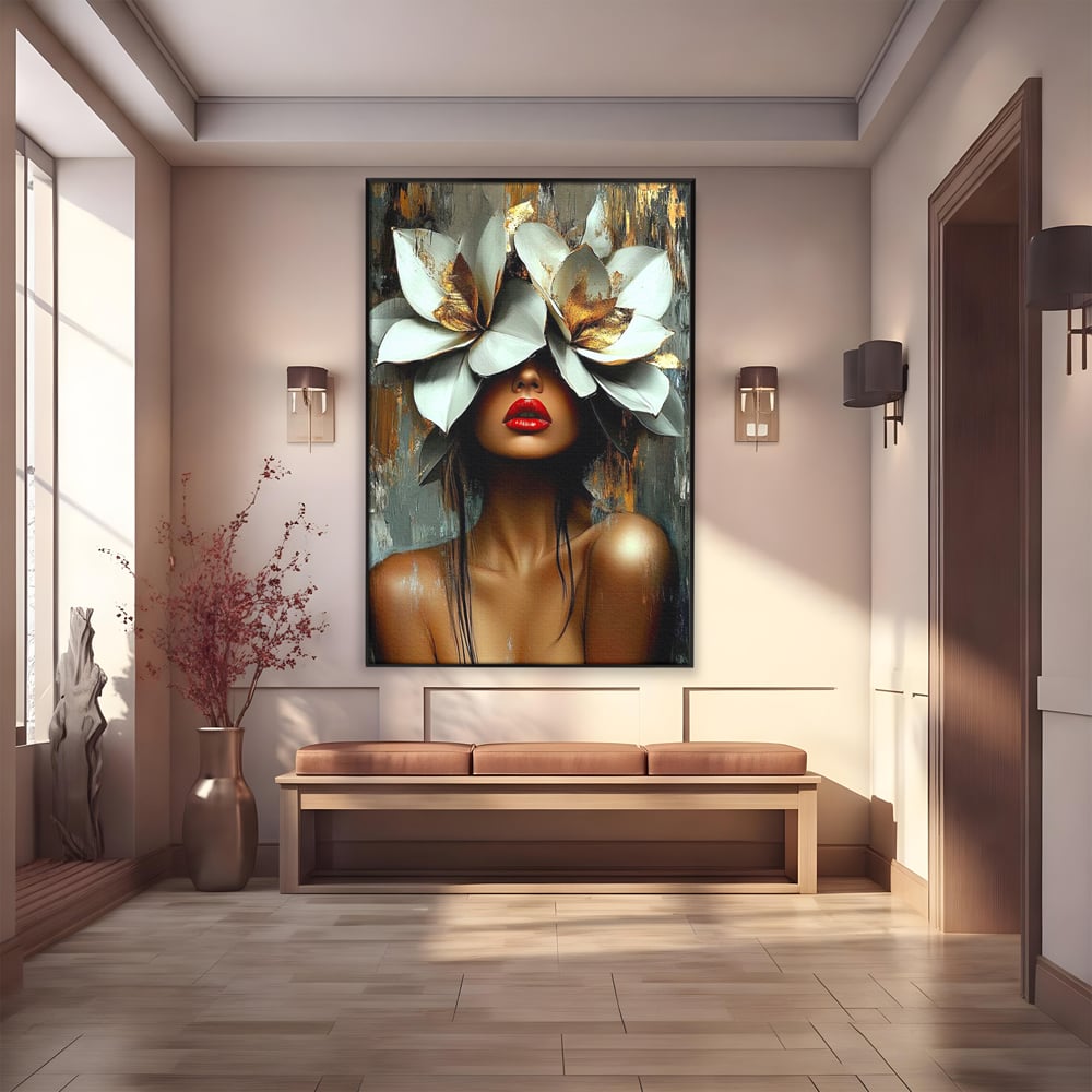 Tablou Canvas Premium, LuxCanva® G1186, Sub Corola Visului, Auriu, Rosu, Feminitate, Gratie, Mister, Floral, Senzualitate, Exotic, Petale, Oniric, Renastere, Vis, Birou, Living, Dormitor