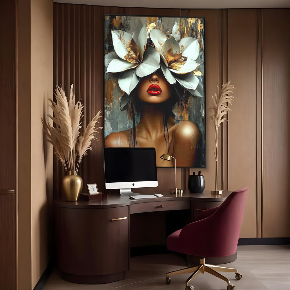 Tablou Canvas Premium, LuxCanva® G1186, Sub Corola Visului, Auriu, Rosu, Feminitate, Gratie, Mister, Floral, Senzualitate, Exotic, Petale, Oniric, Renastere, Vis, Birou, Living, Dormitor