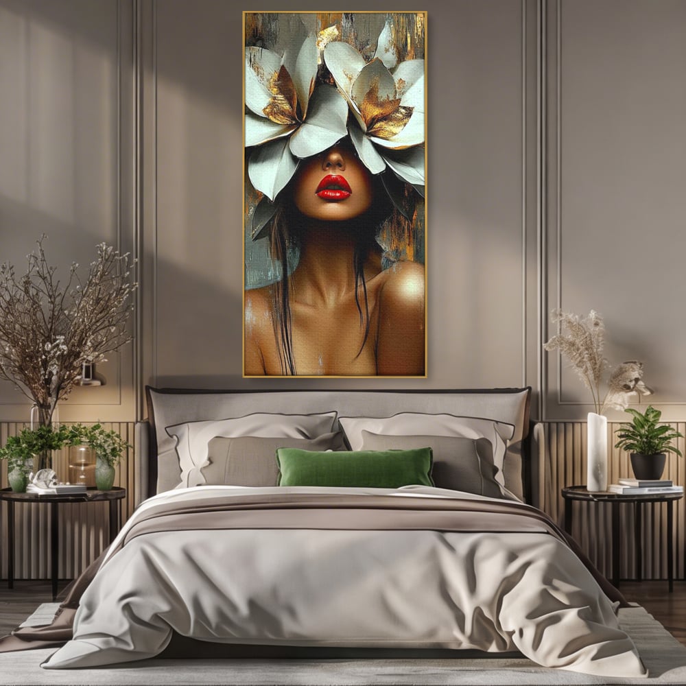 Tablou Canvas Premium, LuxCanva® G1186, Sub Corola Visului, Auriu, Rosu, Feminitate, Gratie, Mister, Floral, Senzualitate, Exotic, Petale, Oniric, Renastere, Vis, Birou, Living, Dormitor