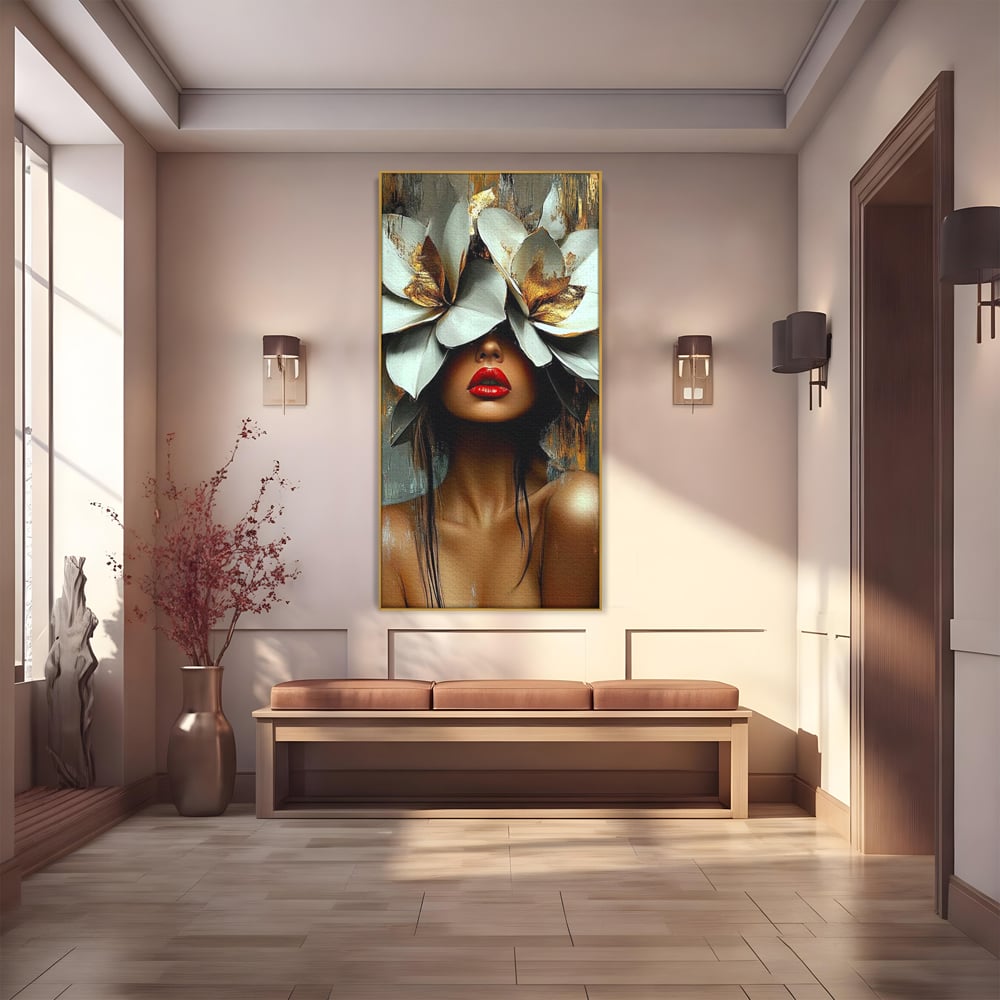 Tablou Canvas Premium, LuxCanva® G1186, Sub Corola Visului, Auriu, Rosu, Feminitate, Gratie, Mister, Floral, Senzualitate, Exotic, Petale, Oniric, Renastere, Vis, Birou, Living, Dormitor