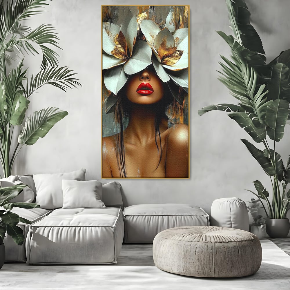 Tablou Canvas Premium, LuxCanva® G1186, Sub Corola Visului, Auriu, Rosu, Feminitate, Gratie, Mister, Floral, Senzualitate, Exotic, Petale, Oniric, Renastere, Vis, Birou, Living, Dormitor