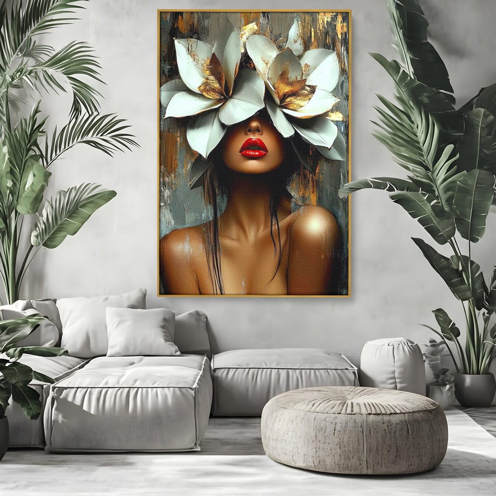 Tablou Canvas Premium, LuxCanva® G1186, Sub Corola Visului, Auriu, Rosu, Feminitate, Gratie, Mister, Floral, Senzualitate, Exotic, Petale, Oniric, Renastere, Vis, Birou, Living, Dormitor