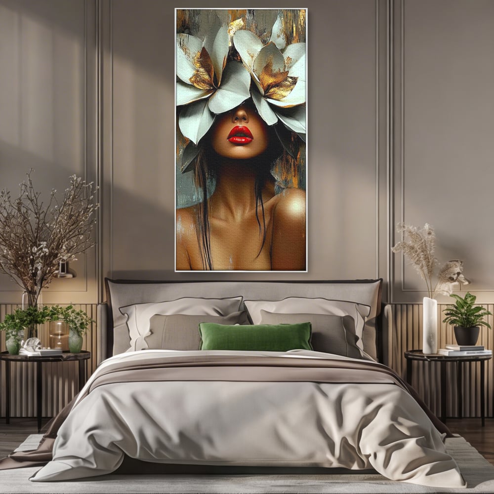 Tablou Canvas Premium, LuxCanva® G1186, Sub Corola Visului, Auriu, Rosu, Feminitate, Gratie, Mister, Floral, Senzualitate, Exotic, Petale, Oniric, Renastere, Vis, Birou, Living, Dormitor