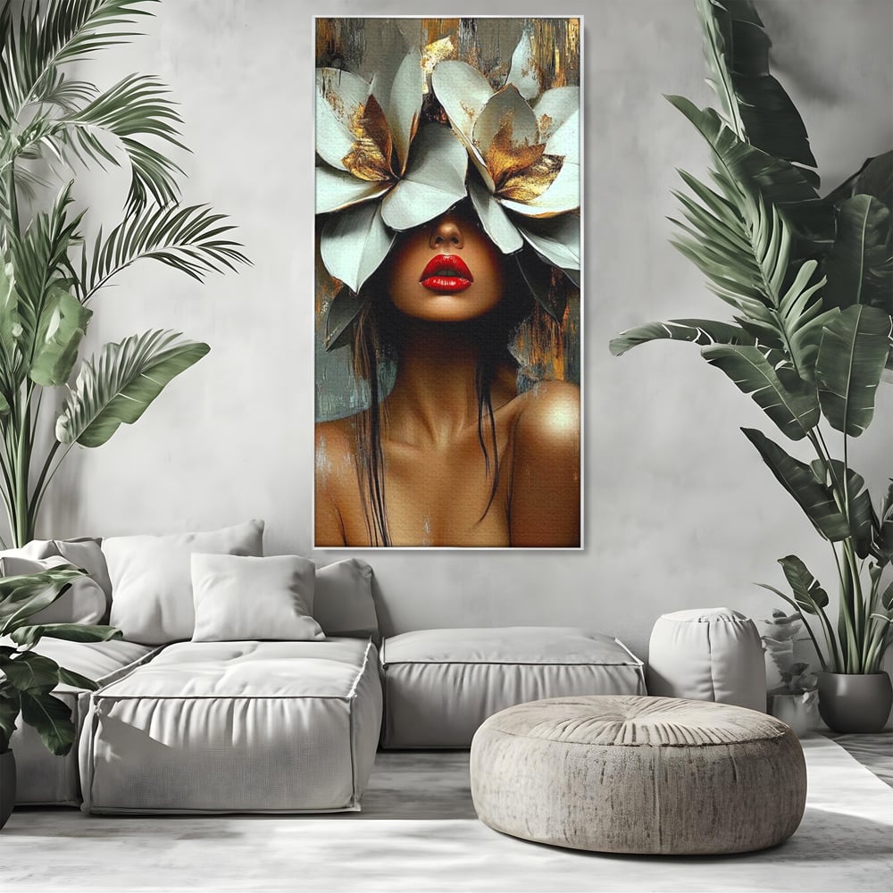 Tablou Canvas Premium, LuxCanva® G1186, Sub Corola Visului, Auriu, Rosu, Feminitate, Gratie, Mister, Floral, Senzualitate, Exotic, Petale, Oniric, Renastere, Vis, Birou, Living, Dormitor