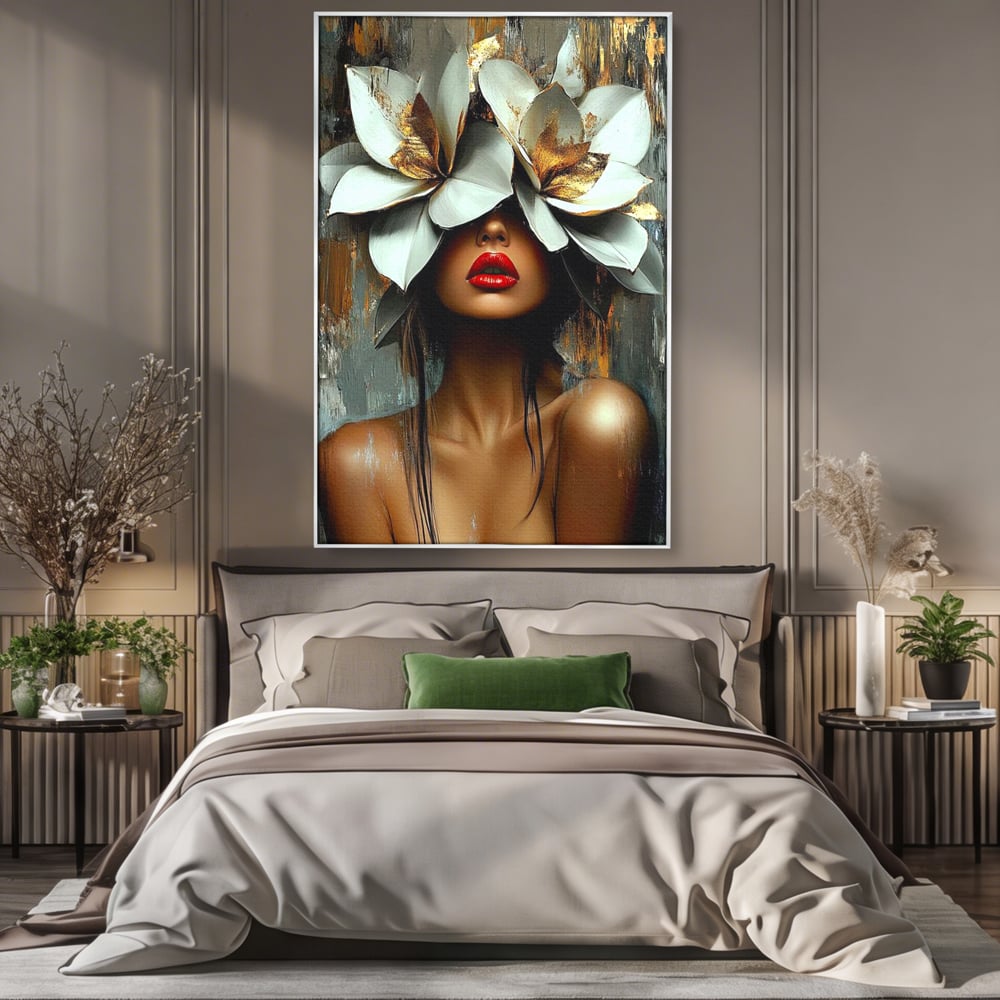 Tablou Canvas Premium, LuxCanva® G1186, Sub Corola Visului, Auriu, Rosu, Feminitate, Gratie, Mister, Floral, Senzualitate, Exotic, Petale, Oniric, Renastere, Vis, Birou, Living, Dormitor