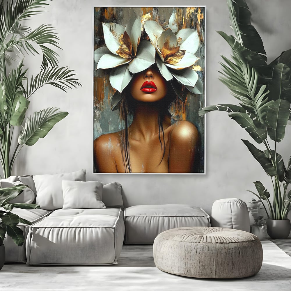 Tablou Canvas Premium, LuxCanva® G1186, Sub Corola Visului, Auriu, Rosu, Feminitate, Gratie, Mister, Floral, Senzualitate, Exotic, Petale, Oniric, Renastere, Vis, Birou, Living, Dormitor